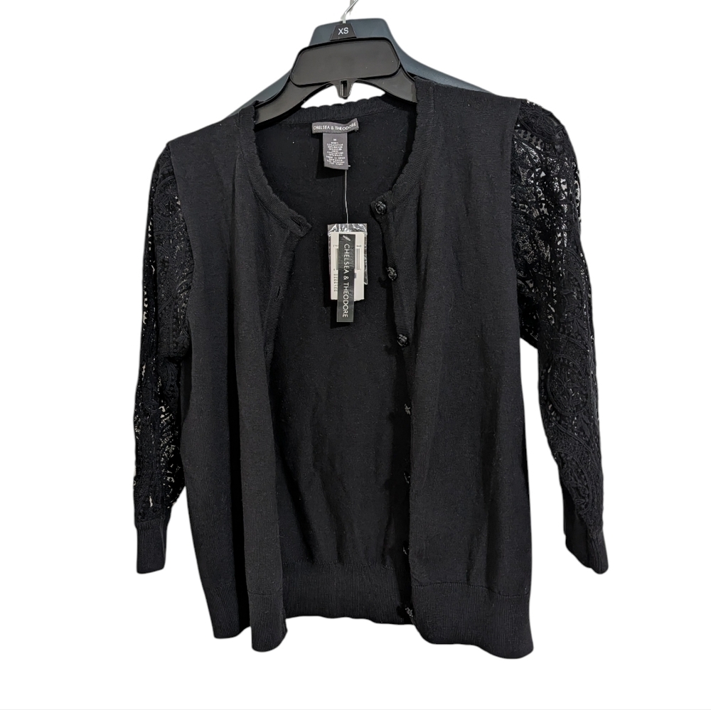 NWT Chelsea & Theodore Black Cardigan Lace Sleeves Scalloped Edges Button Up M